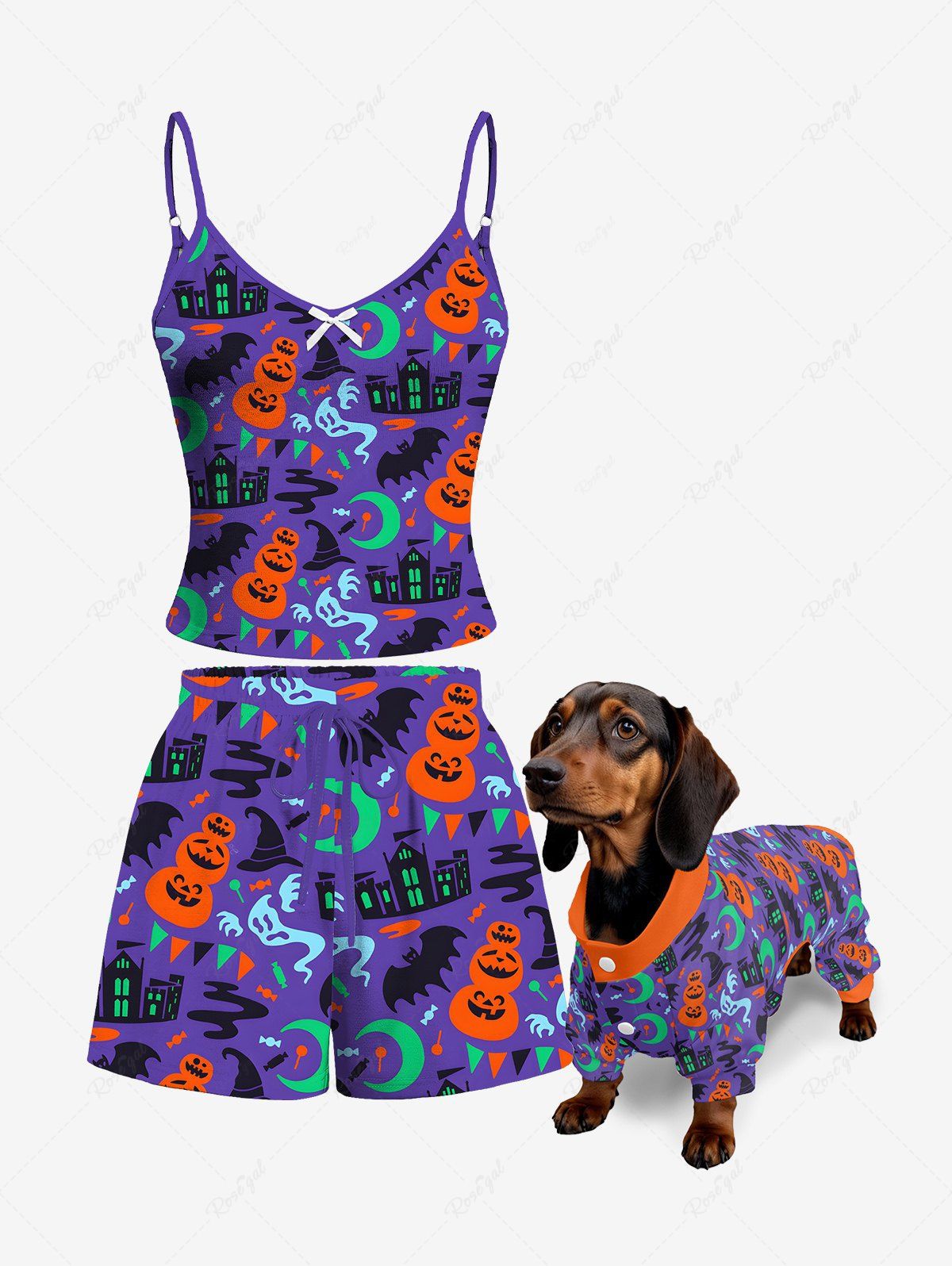 Pumpkin Bat Ghost Castle Moon Printed Halloween Pajama Dog And Owner Matching Outfits
