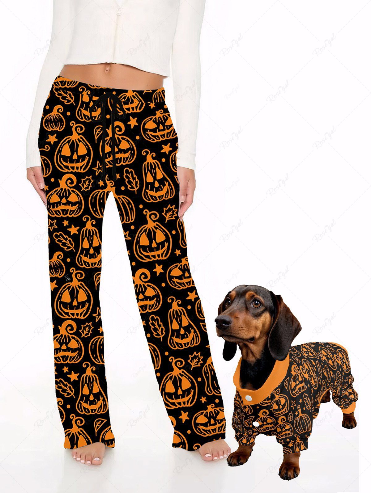 Halloween Pumpkin Stars Leaf Printed Pajama and Wide Leg Pants Dog and Owner Matching Outfits