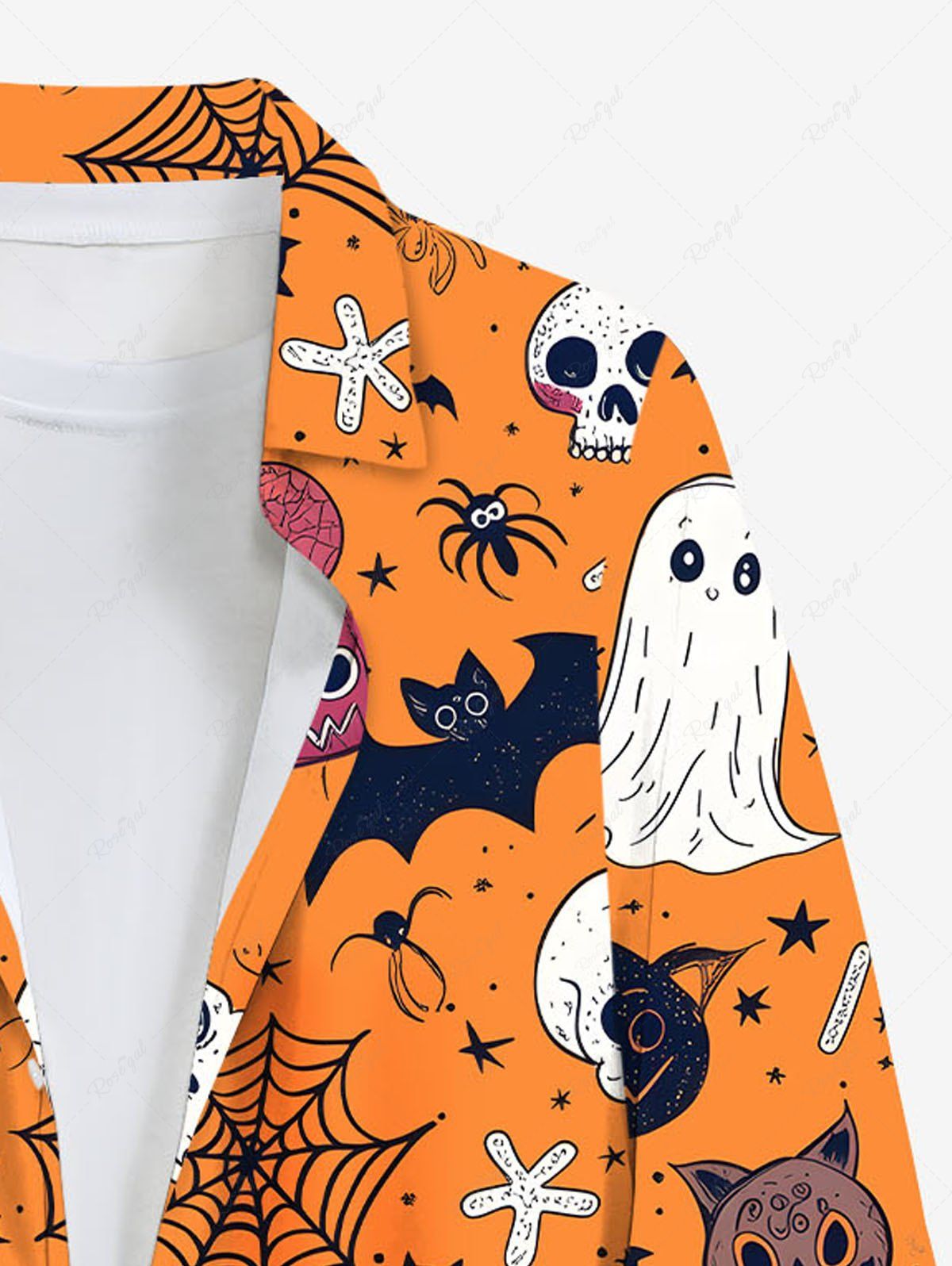 Plus Size Halloween Pumpkin Skull Ghost Spider Web Print Buttons Pocket Long Sleeves Shirt For Men