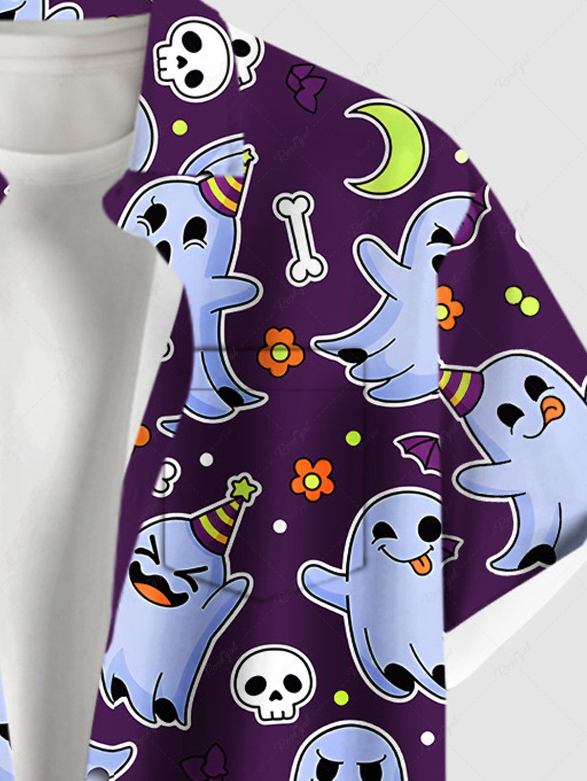 Plus Size Skull Ghost Bat Moon Flower Print Halloween Button Pocket Shirt For Men