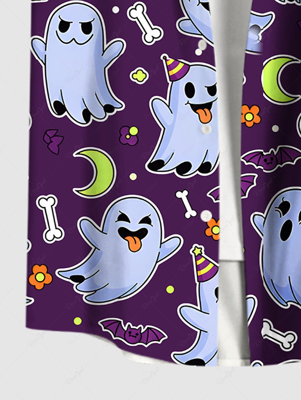 Plus Size Skull Ghost Bat Moon Flower Print Halloween Button Pocket Shirt For Men