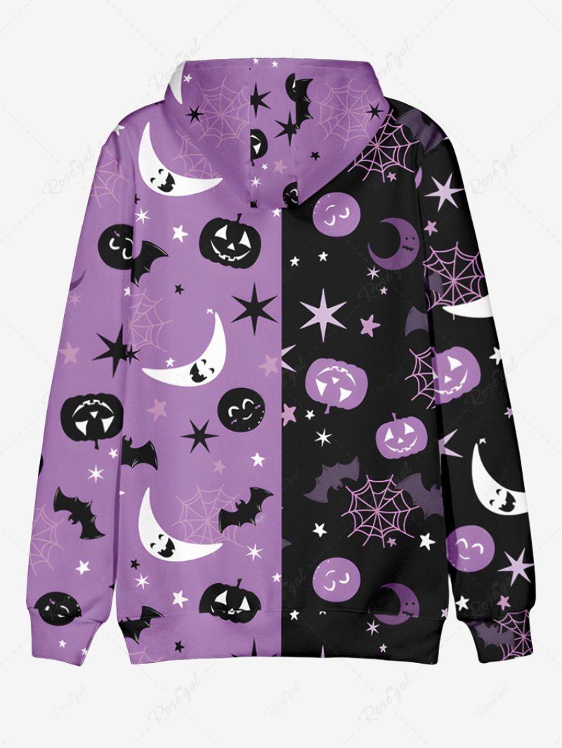 Plus Size Pumpkin Bat Moon Star Spider Web Contrast Colorblock Print Halloween Drawstring Pocket Hoodie