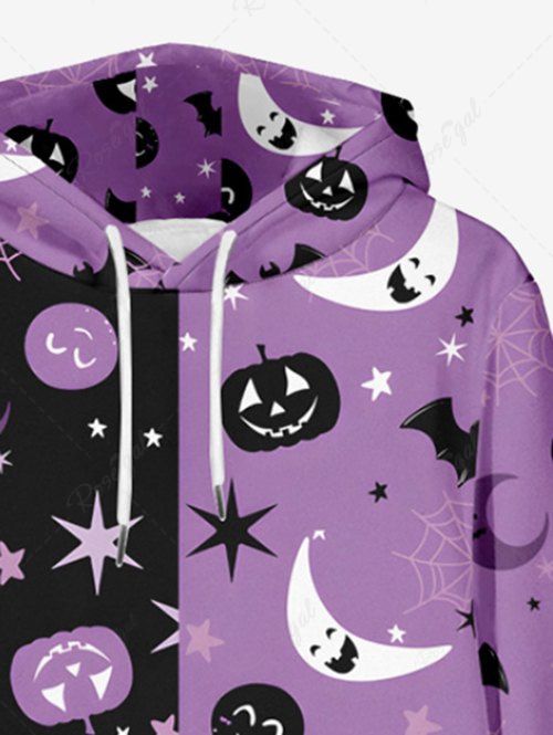 Plus Size Pumpkin Bat Moon Star Spider Web Contrast Colorblock Print Halloween Drawstring Pocket Hoodie