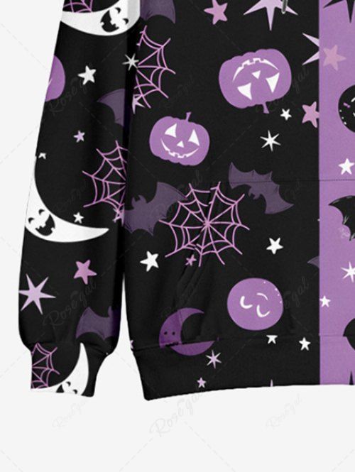 Plus Size Pumpkin Bat Moon Star Spider Web Contrast Colorblock Print Halloween Drawstring Pocket Hoodie