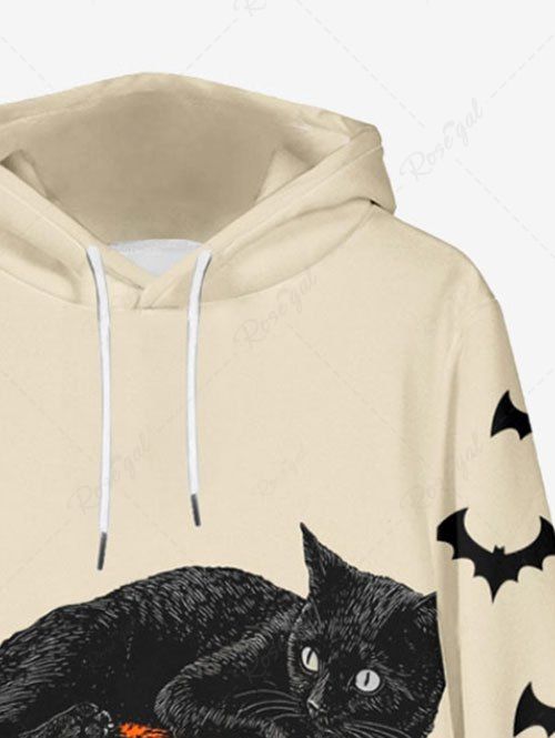 Plus Size Pumpkin Cat Bat Print Halloween Drawstring Pocket Pullover Long Sleeves Hoodie