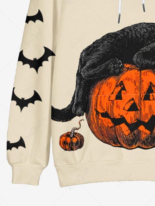 Plus Size Pumpkin Cat Bat Print Halloween Drawstring Pocket Pullover Long Sleeves Hoodie