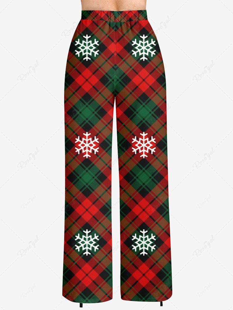 Plus Size Christmas Plaid Snowflake Print Drawstring Wide Leg Pants