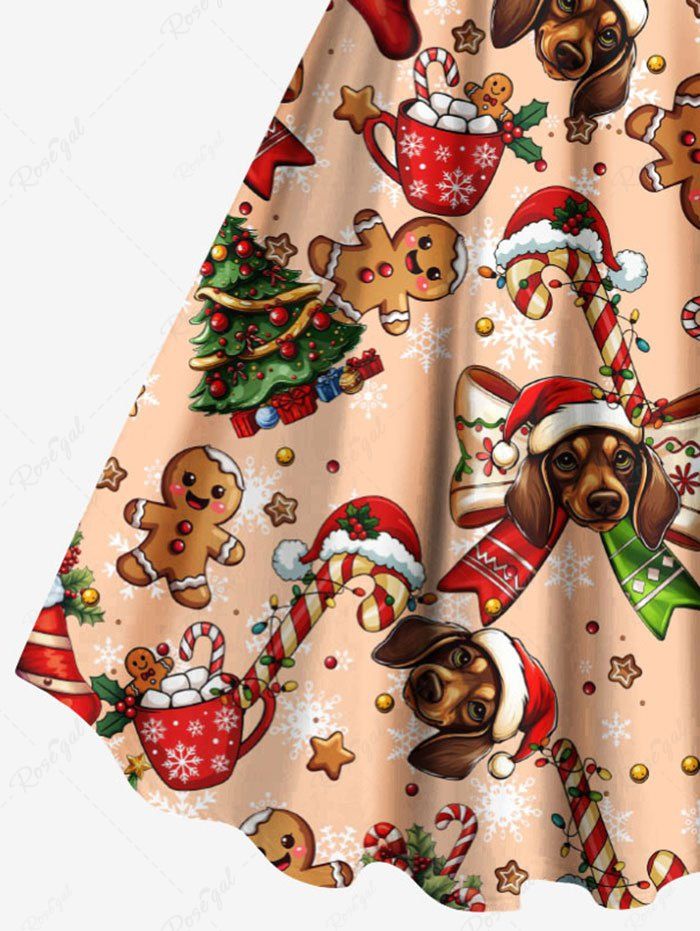 Plus Size Christmas Stocking Gingerbread Hat Candy Dog Print Tank Dress