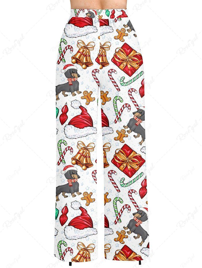 Plus Size Christmas Hat Candy Bell Gift Box Gingerbread Dog Print Drawstring Wide Leg Pants
