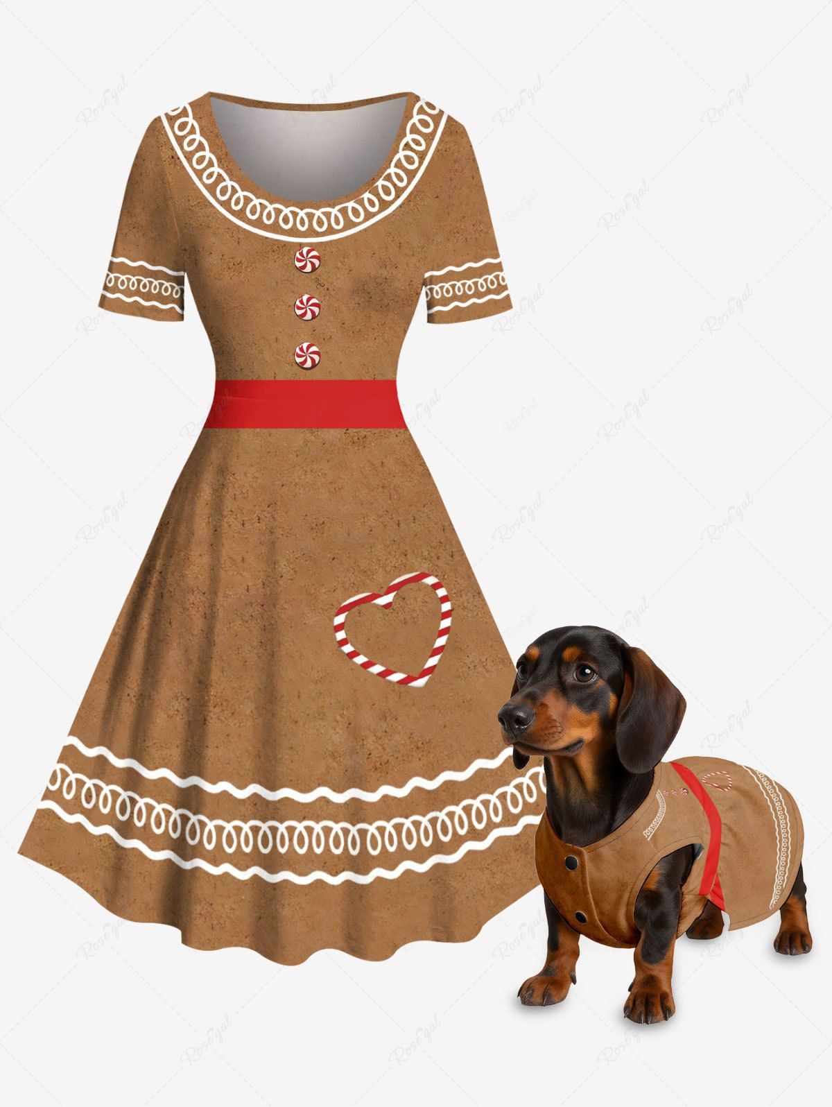Christmas Gingerbread Candy Heart Print Dresses Dog and Owner Matching Outfits