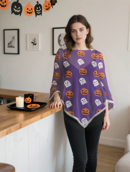 Plus Size Halloween Pumpkin Ghost Print Asymmetric Pullover Cape Cloak