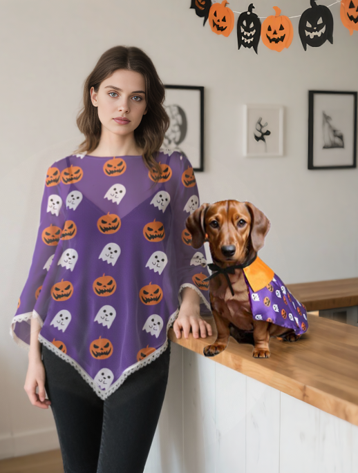Halloween Costume Pumpkin Ghost Print Cape Cloaks Dog and Owner Matching Outfits