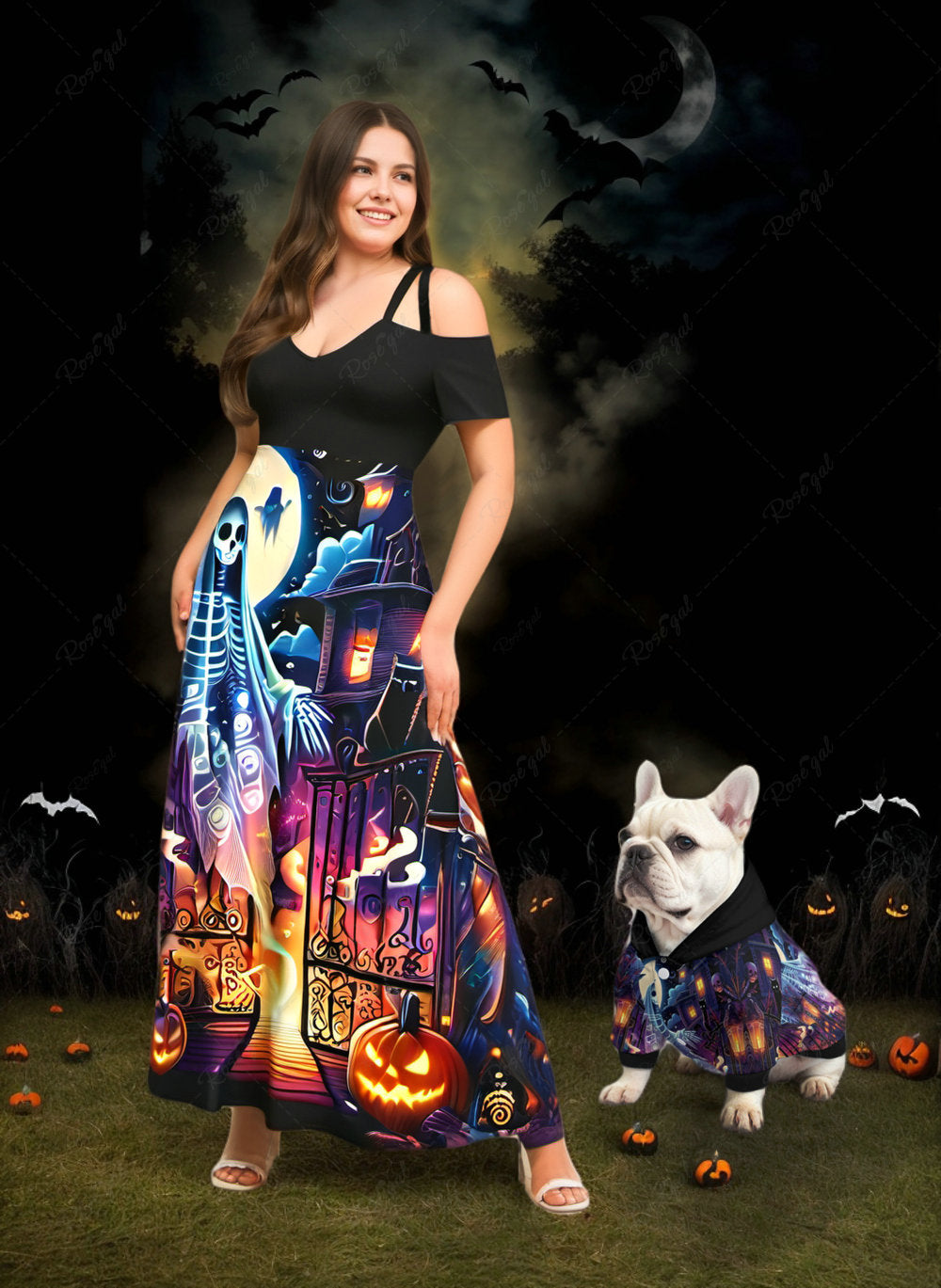 Halloween Costume Skeleton Ghost Pumpkin Latern Moon Print Dog And Owner Matching Outfits