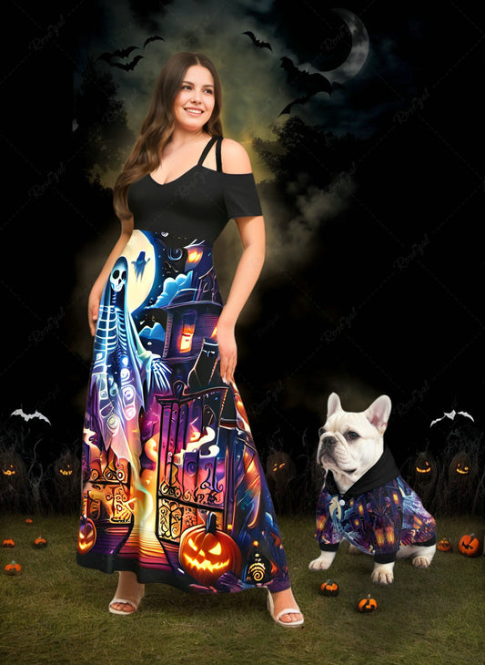 Halloween Costume Skeleton Ghost Pumpkin Latern Moon Print Dog And Owner Matching Outfits