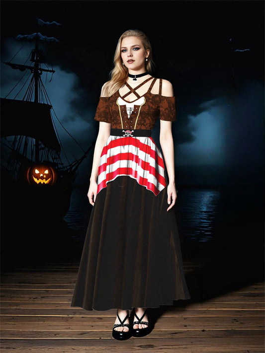 Plus Size Halloween Costume Pirate Style 3D Printed Cold Shoulder Crisscross Maxi Dress