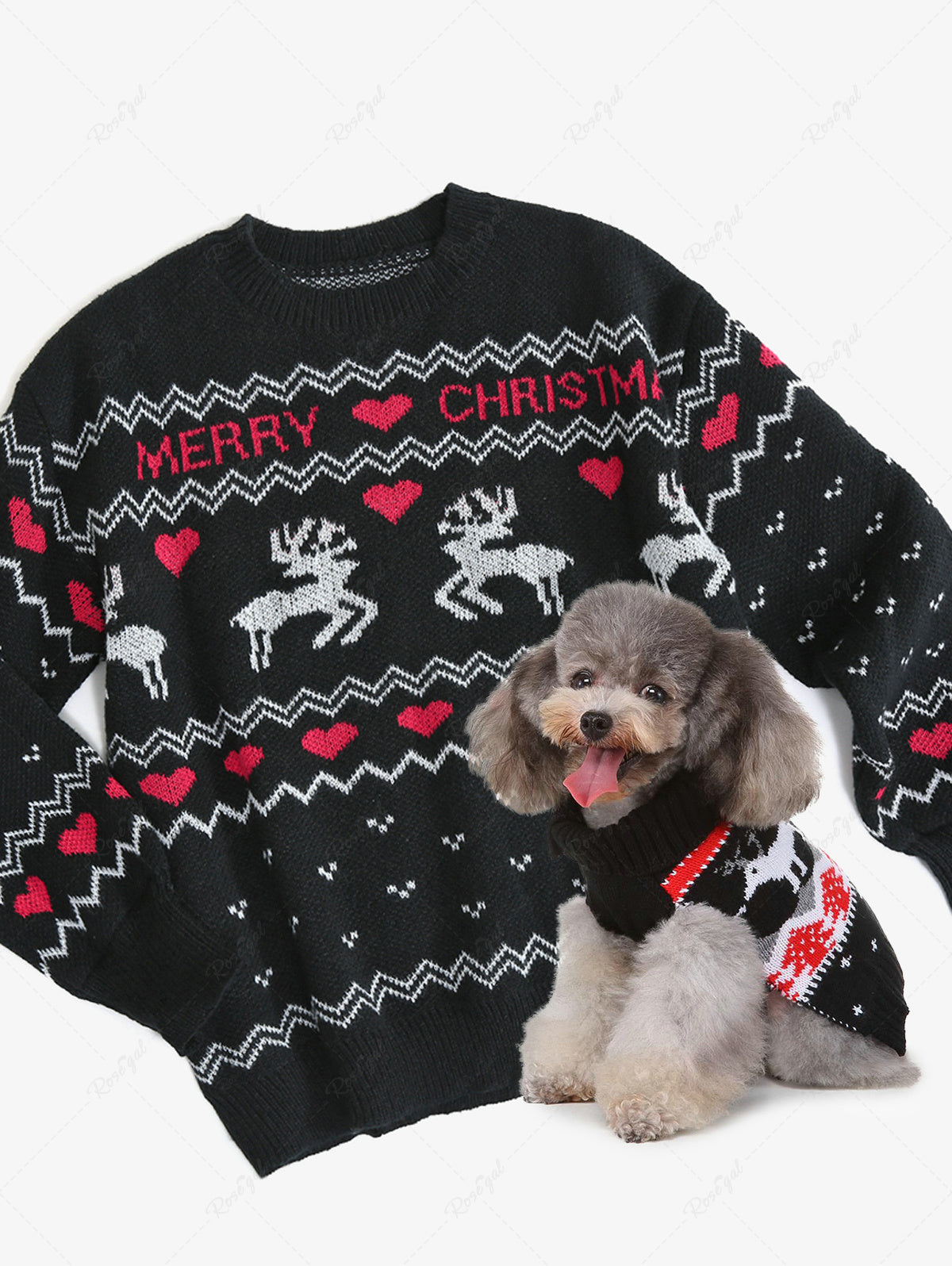 Christmas Tree Elk Snowflake Printed and Heart Letters Zig Zag Printed Sweater Dog and Owner Matching Outfits