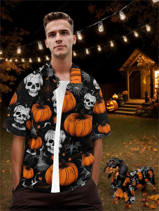 Halloween Costume Pumpkin Skulls Bat Spider Web Printed Dog and Owner Matching Outfits