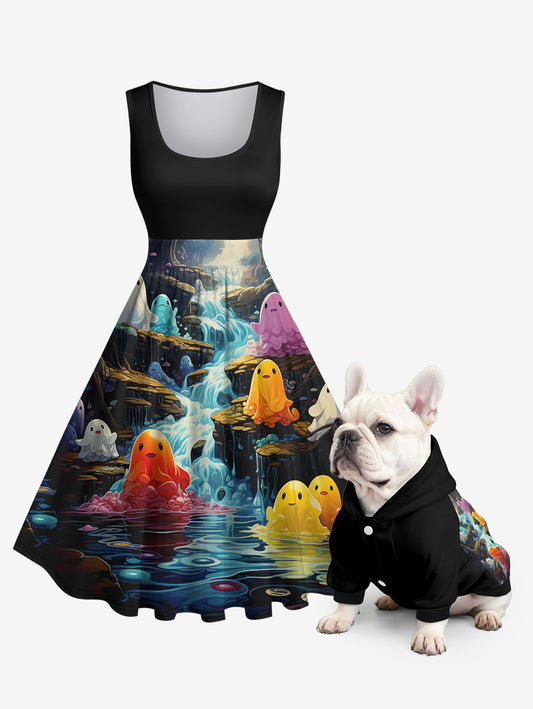 Halloween Costume Cute Ghost Mountain River Print Dog And Owner Matching Outfits