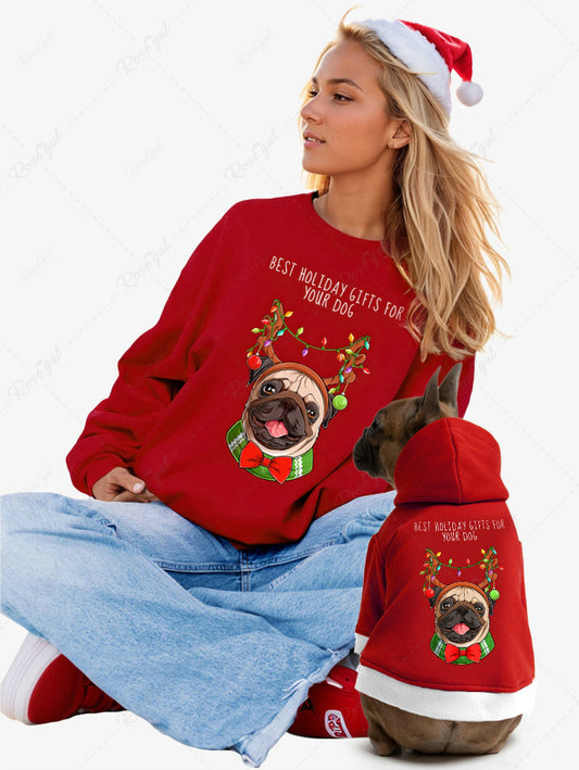 Christmas Light Elk Dog Bowknot Printed Hoodie and Sweatshirt Dog and Owner Matching Outfits