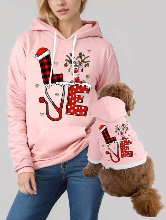 Christmas Hat Plaid Elk Snowflake Letters Print Hoodie Dog And Owner Matching Outfits