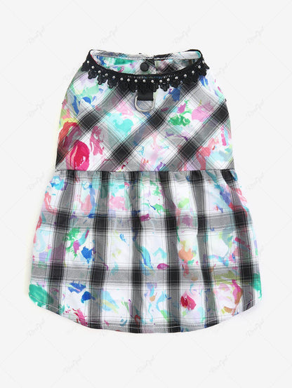 Pet's Plaid Painting Graffiti Printed Glitter Rivet Floral Crochet Trim Button Dress