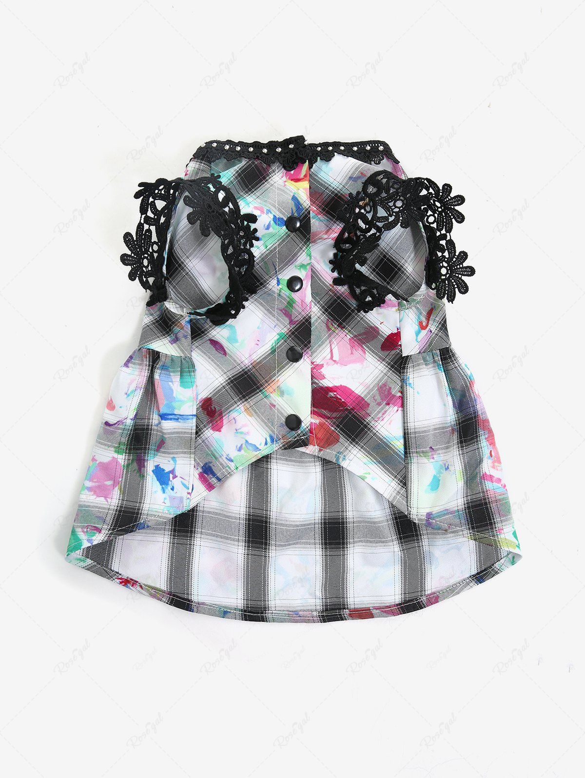 Pet's Plaid Painting Graffiti Printed Glitter Rivet Floral Crochet Trim Button Dress