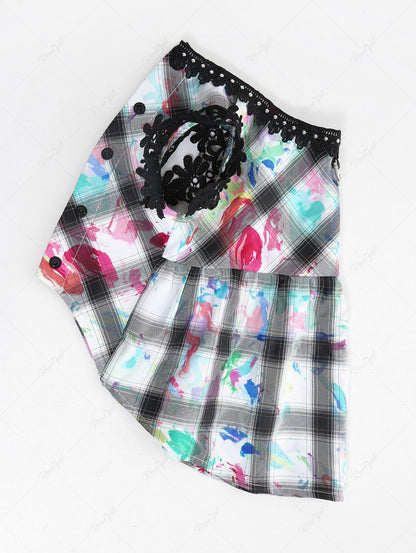 Pet's Plaid Painting Graffiti Printed Glitter Rivet Floral Crochet Trim Button Dress