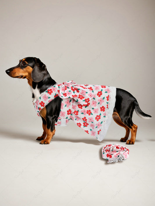 Pet's Flowers Printed Bowknot Lace Trim Dress With Leash