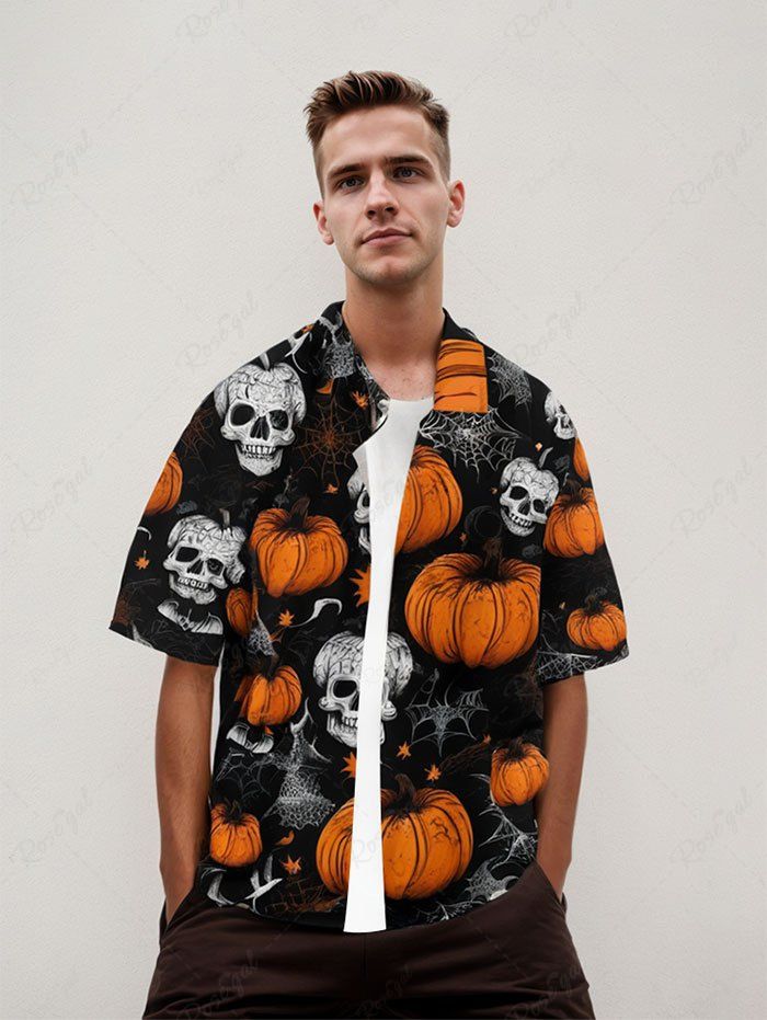 Halloween Pumpkin Skulls Bat Spider Web Printed Buttons Pocket Shirt For Men