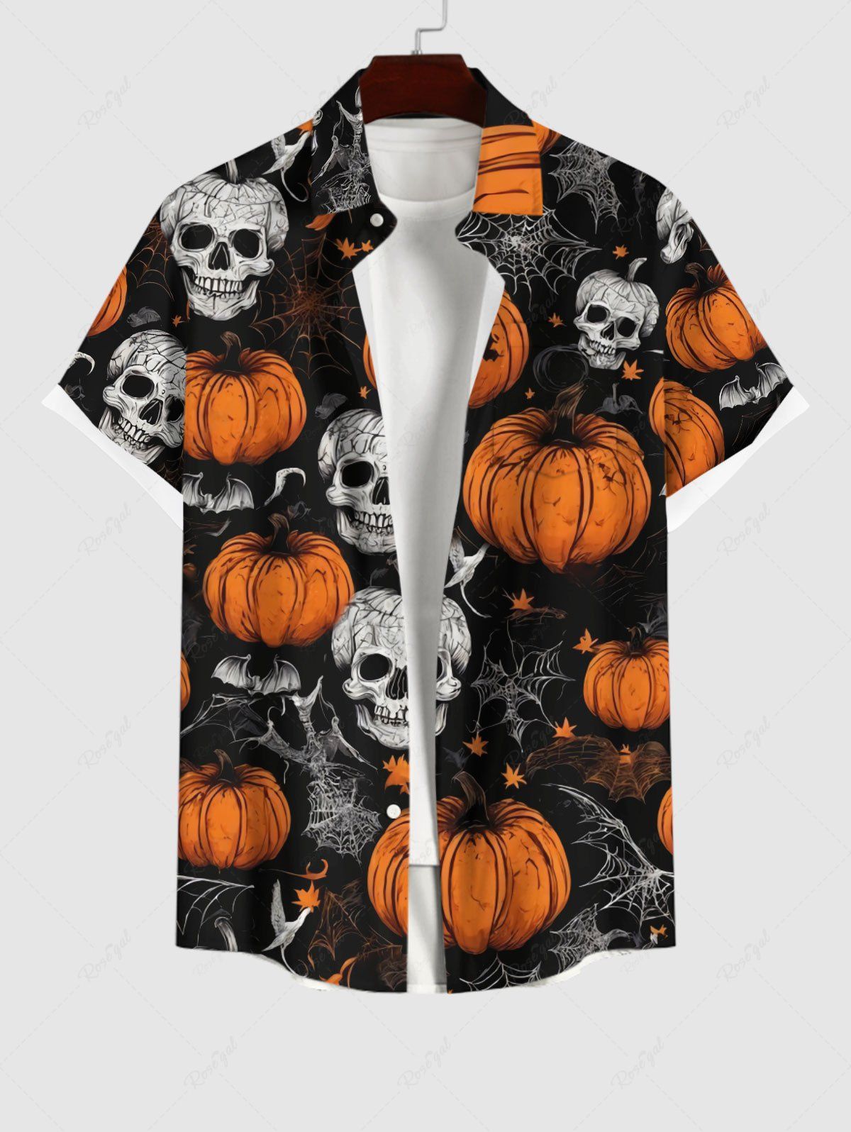 Halloween Pumpkin Skulls Bat Spider Web Printed Buttons Pocket Shirt For Men