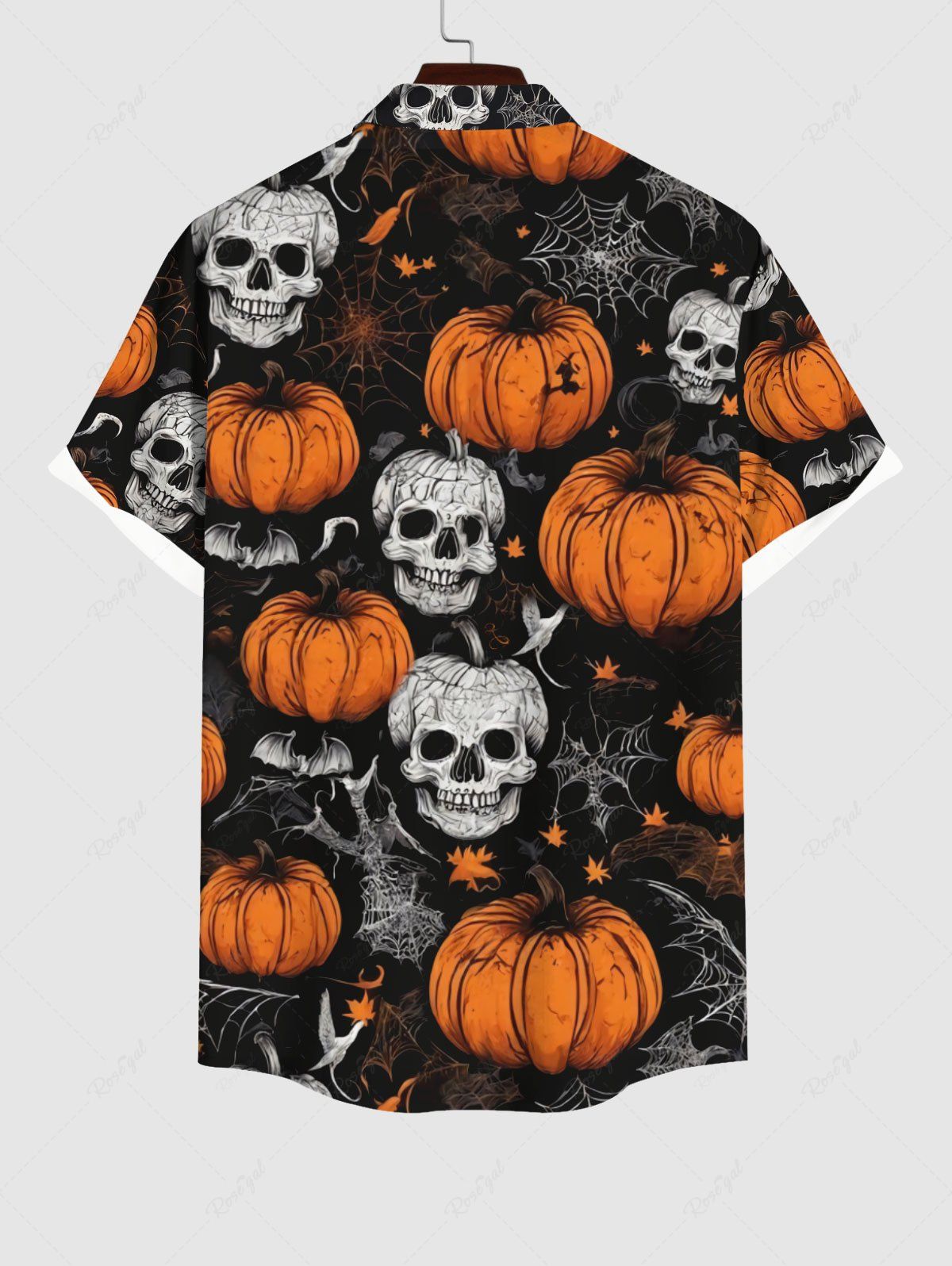 Halloween Pumpkin Skulls Bat Spider Web Printed Buttons Pocket Shirt For Men