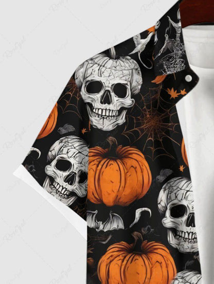 Halloween Pumpkin Skulls Bat Spider Web Printed Buttons Pocket Shirt For Men