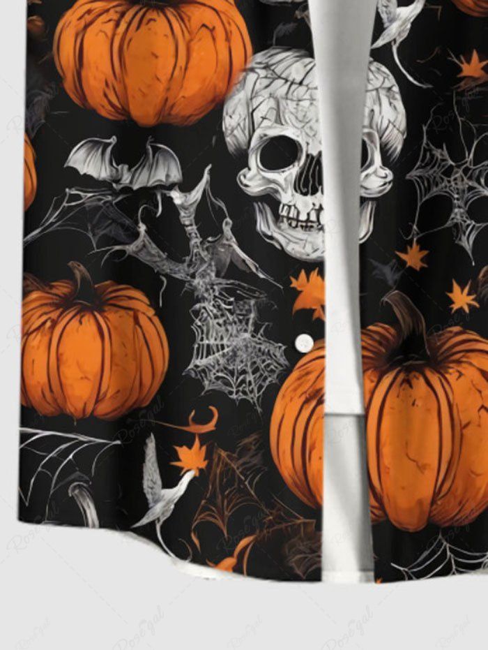 Halloween Pumpkin Skulls Bat Spider Web Printed Buttons Pocket Shirt For Men