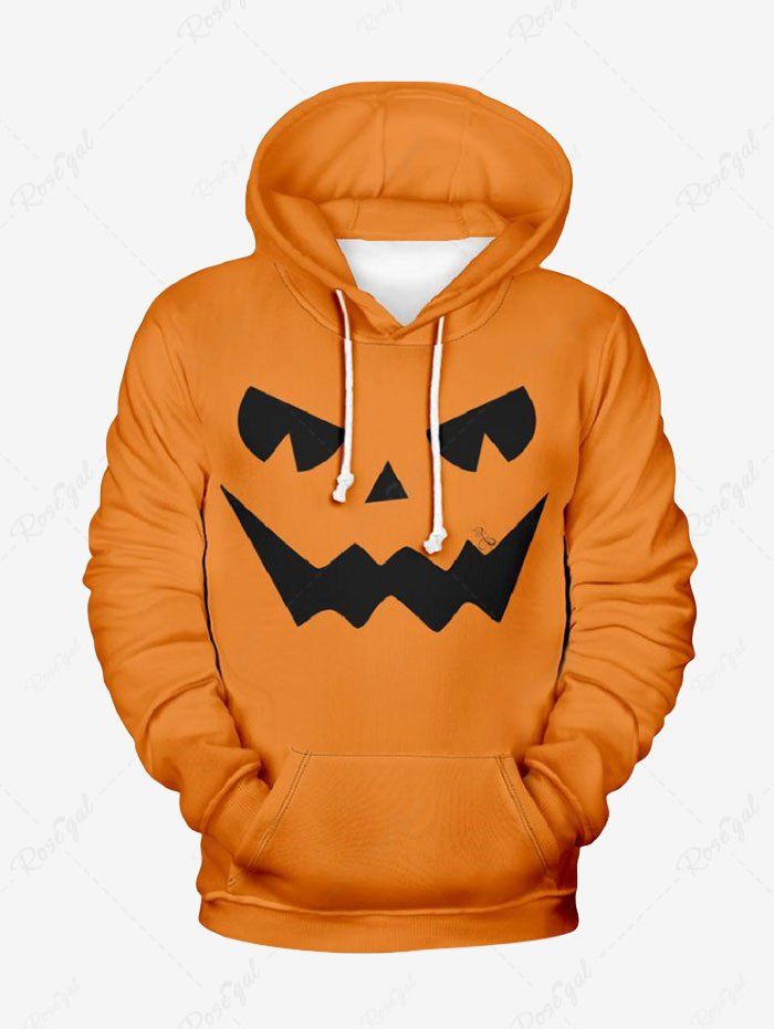 Plus Size Halloween Costume Pumpkin Face Printed Pocket Drawstring Hoodie For Men