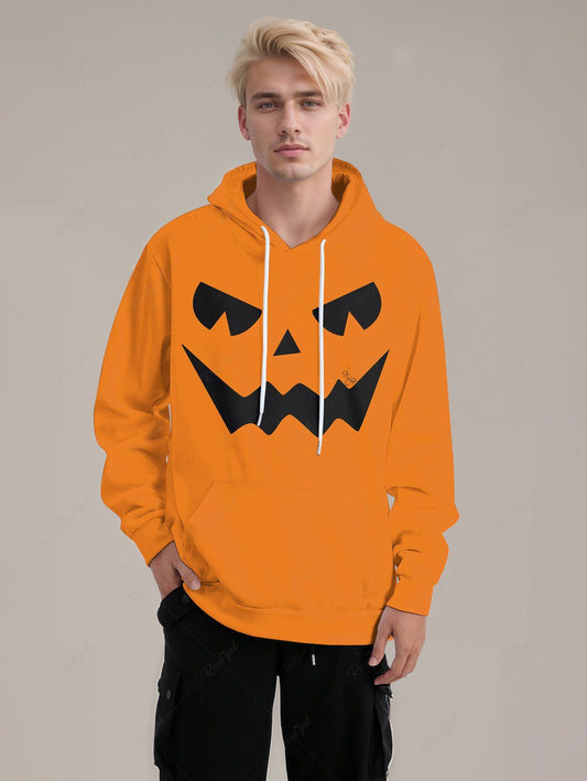 Plus Size Halloween Costume Pumpkin Face Printed Pocket Drawstring Hoodie For Men