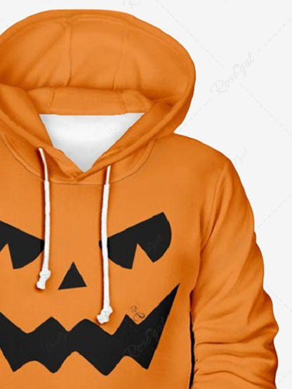 Plus Size Halloween Costume Pumpkin Face Printed Pocket Drawstring Hoodie For Men