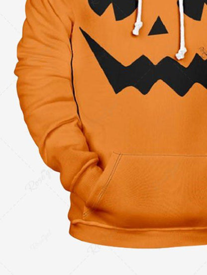 Plus Size Halloween Costume Pumpkin Face Printed Pocket Drawstring Hoodie For Men