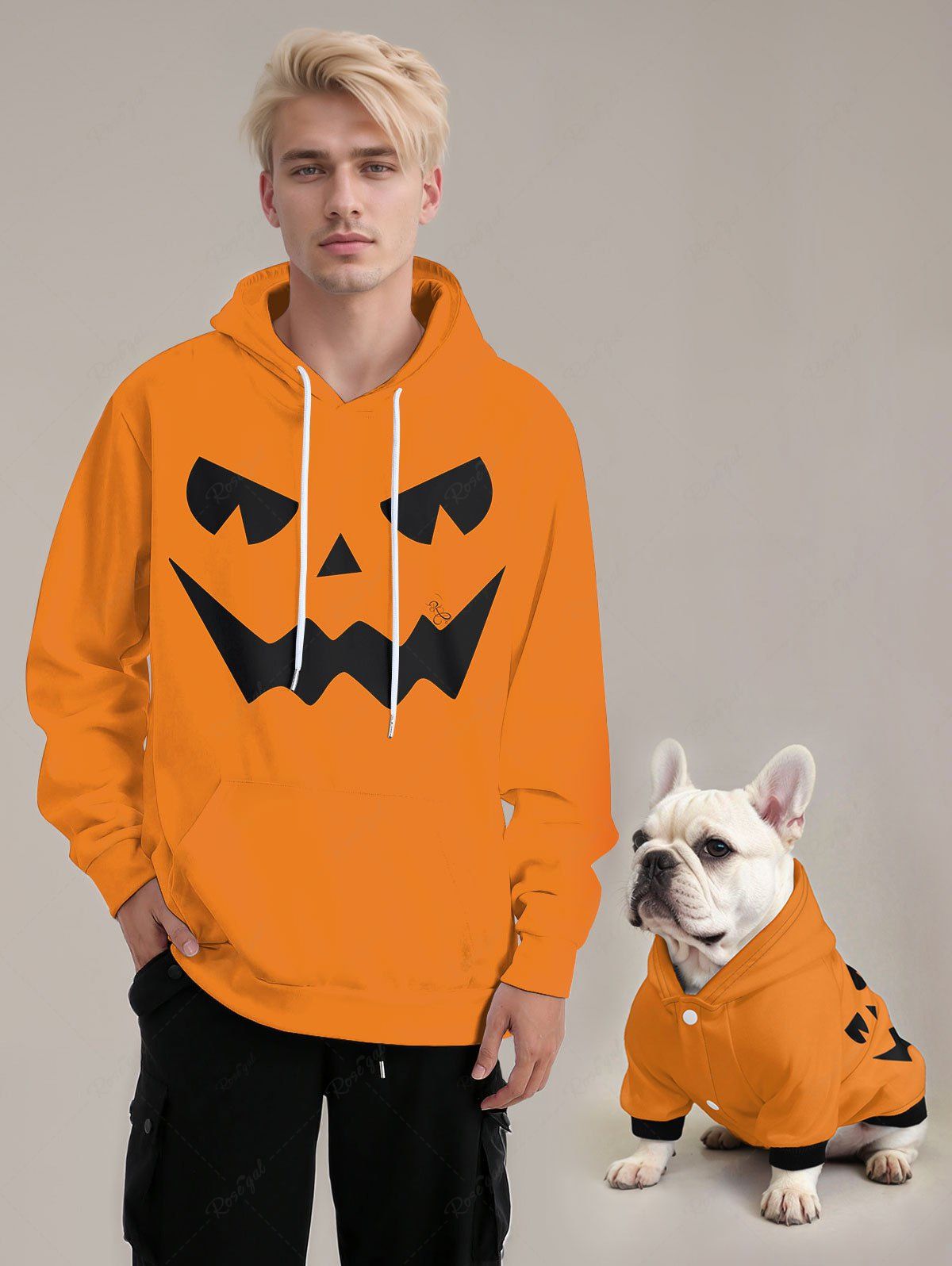 Plus Size Halloween Costume Pumpkin Face Printed Pocket Drawstring Hoodie For Men