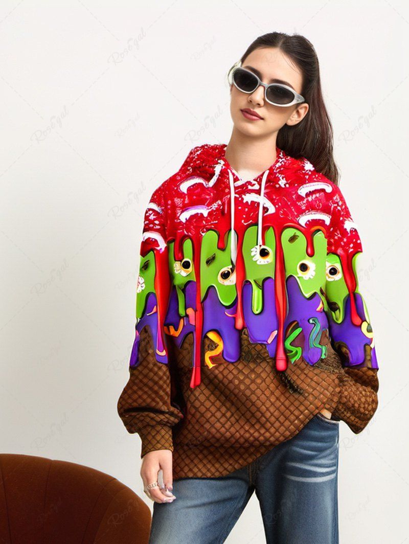 Plus Size Eye Insects Paint Drop Blobs Teeth Plaid Textured Printed Halloween Pocket Drawstring Pullover Hoodie