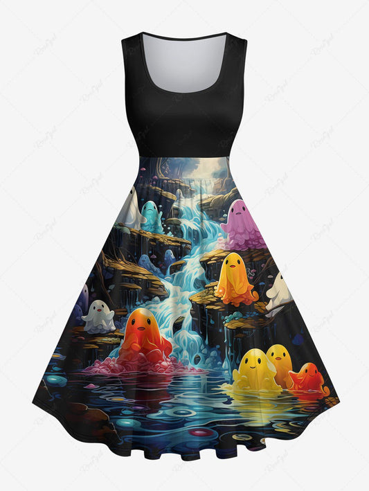 Plus Size Colorful Cute Ghost Mountain River Printed Halloween Costume Vintage Swing A Line Dress