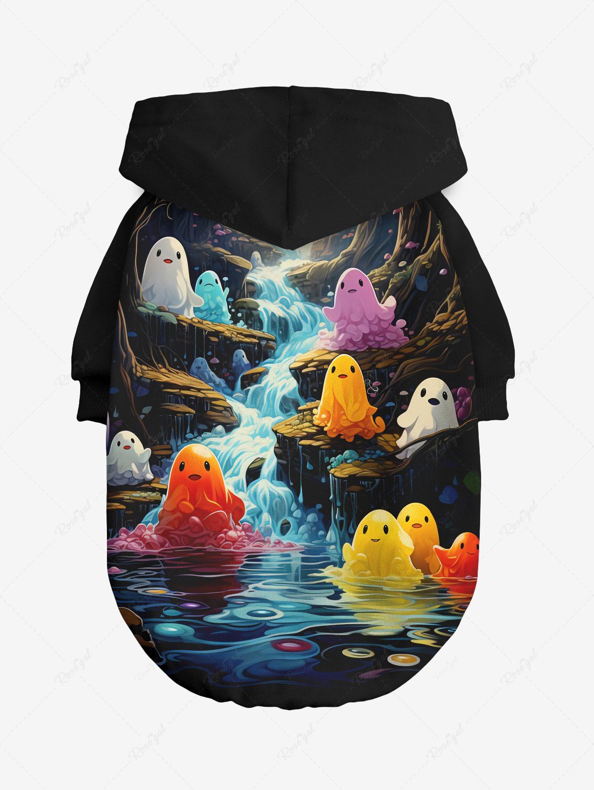 Pet's Colorful Cute Ghost Mountain River Printed Halloween Button Hoodie