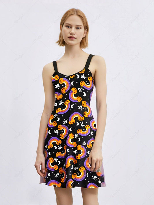 Plus Size Pumpkin Rainbow Star Moon Skulls Printed Halloween Costume A Line Tank Dress