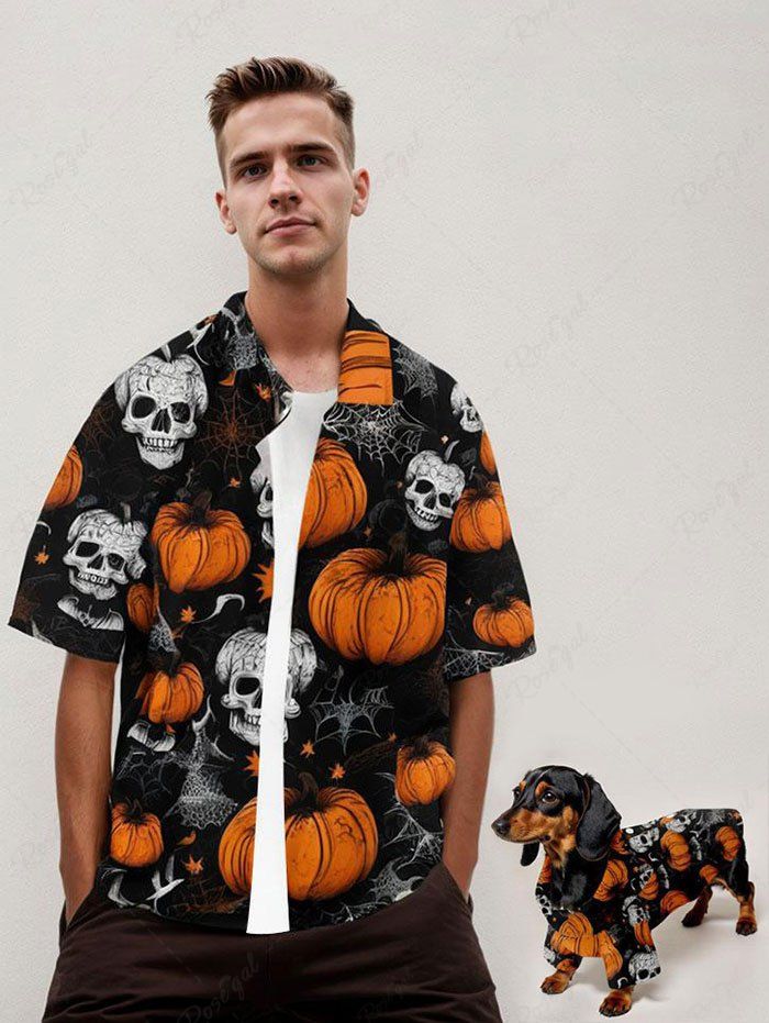 Halloween Pumpkin Skulls Bat Spider Web Printed Buttons Pocket Shirt For Men