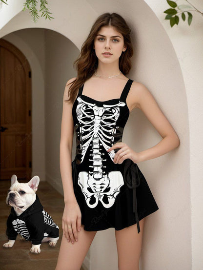 Halloween Costume Skeleton Printed Lace Up Tank Dress