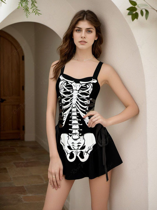 Halloween Costume Skeleton Printed Lace Up Tank Dress