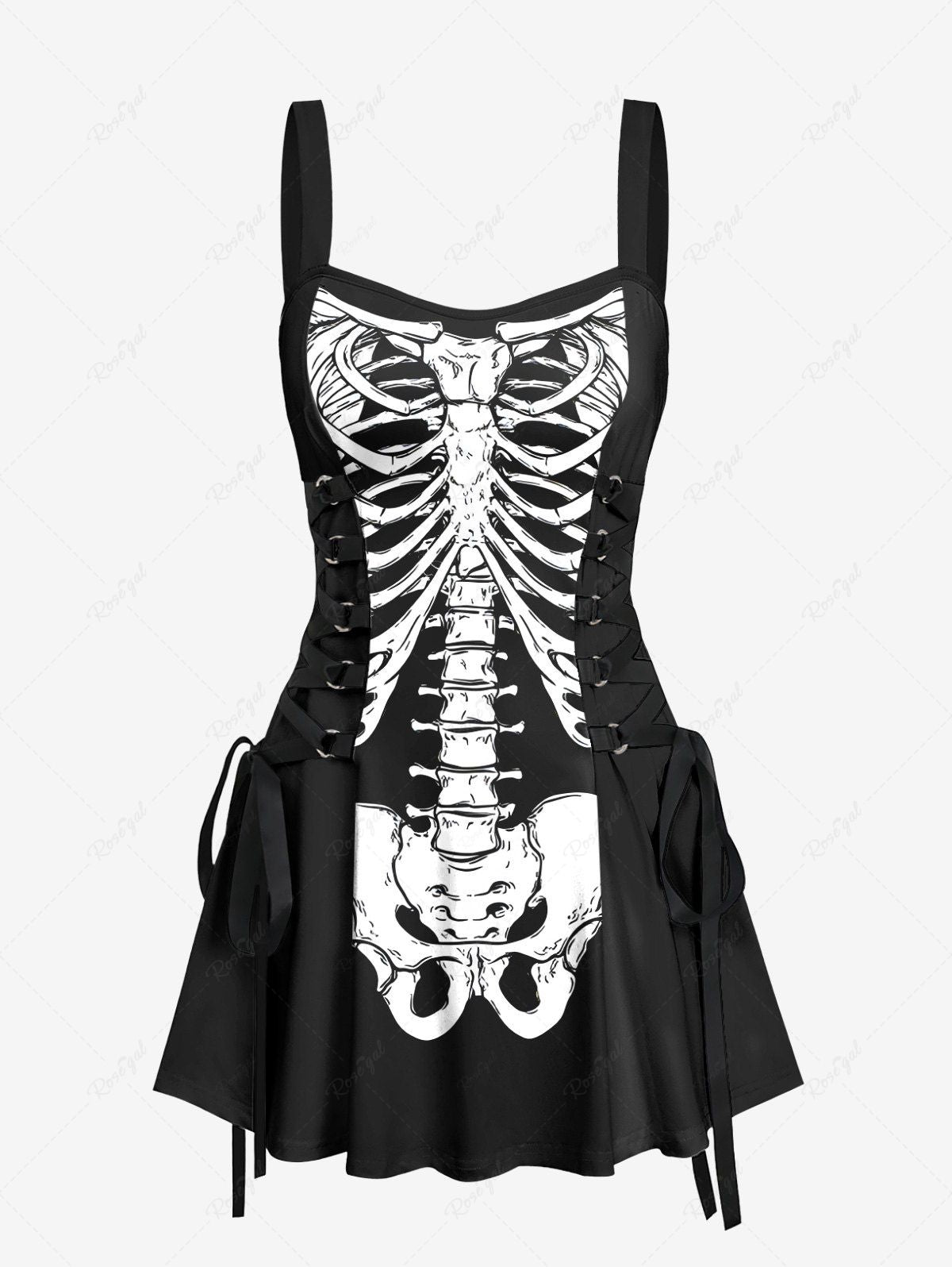 Halloween Costume Skeleton Printed Lace Up Tank Dress