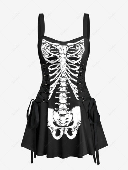 Halloween Costume Skeleton Printed Lace Up Tank Dress