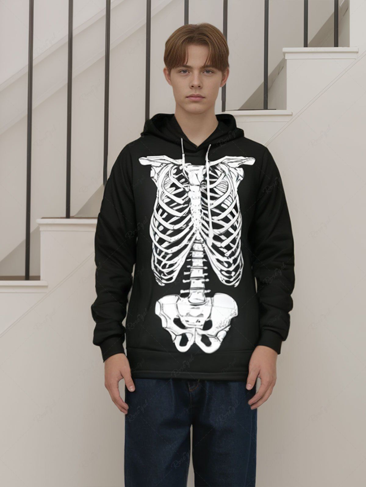 Plus Size Halloween Costume Skeleton Printed Pocket Drawstring Hoodie For Men