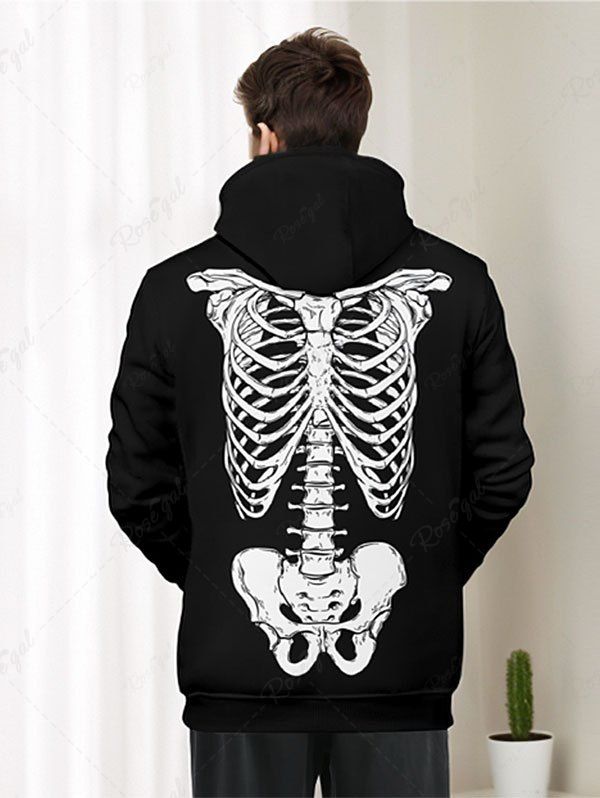 Plus Size Halloween Costume Skeleton Printed Pocket Drawstring Hoodie For Men