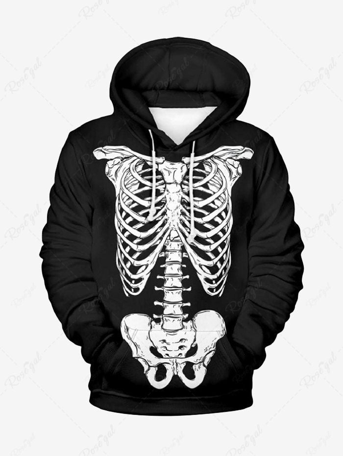 Plus Size Halloween Costume Skeleton Printed Pocket Drawstring Hoodie For Men